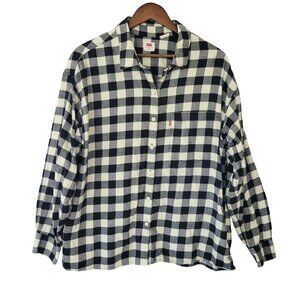 Levis Flannel Buffalo Plaid Button-Up Shirt Womens Sz XL Black White Long Sleeve